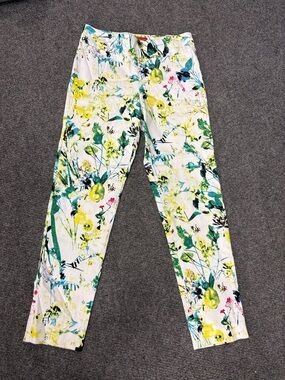 Floral Straight-Leg Pants in White with Yellow & Green - Women's